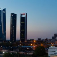 Skyline of Madrid at sunset.  Towers of Madrid.  Skyscrapers at sunset